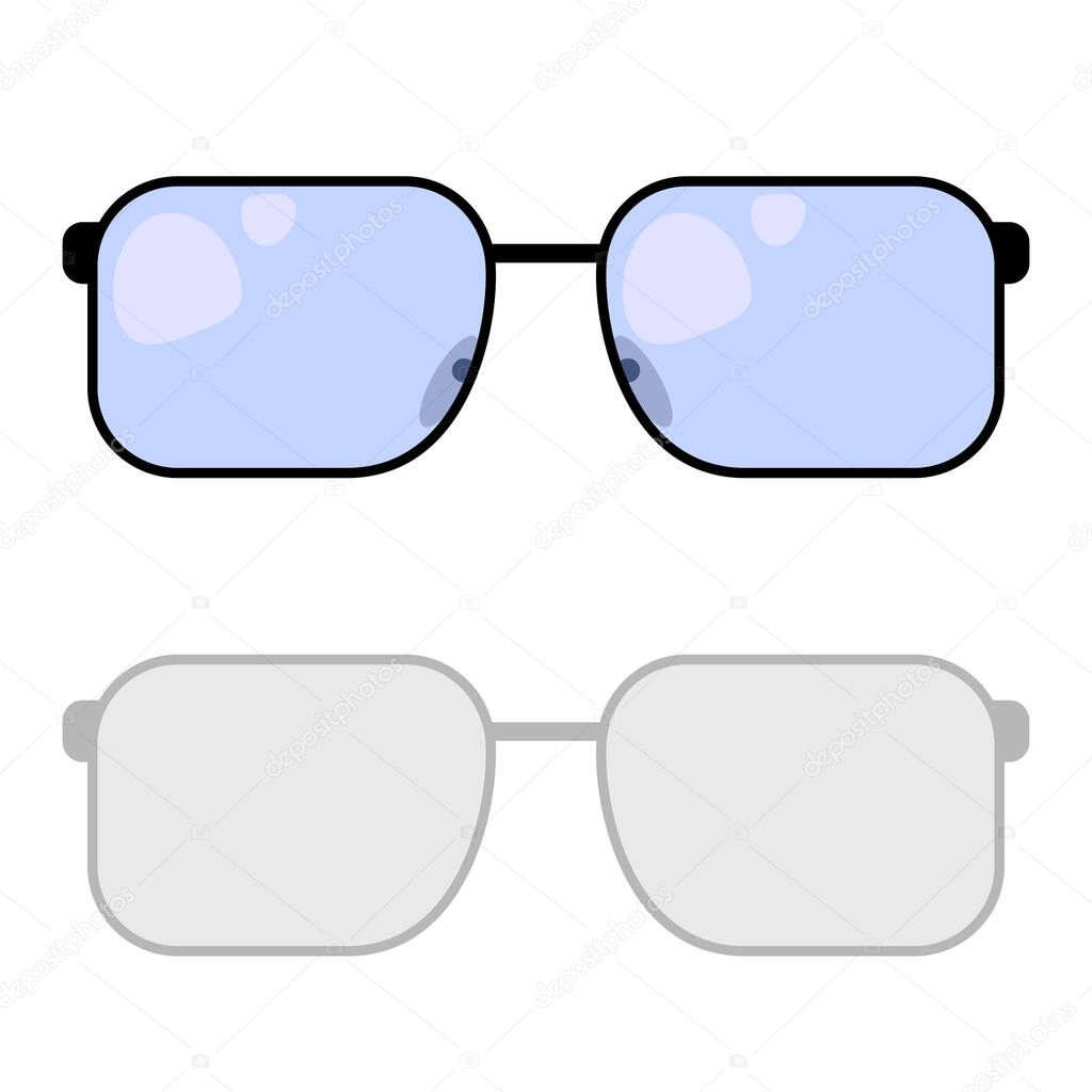 Vector illustration of modern glasses with black frame and blue glass with flare on a white background with shadow. Vector illustration