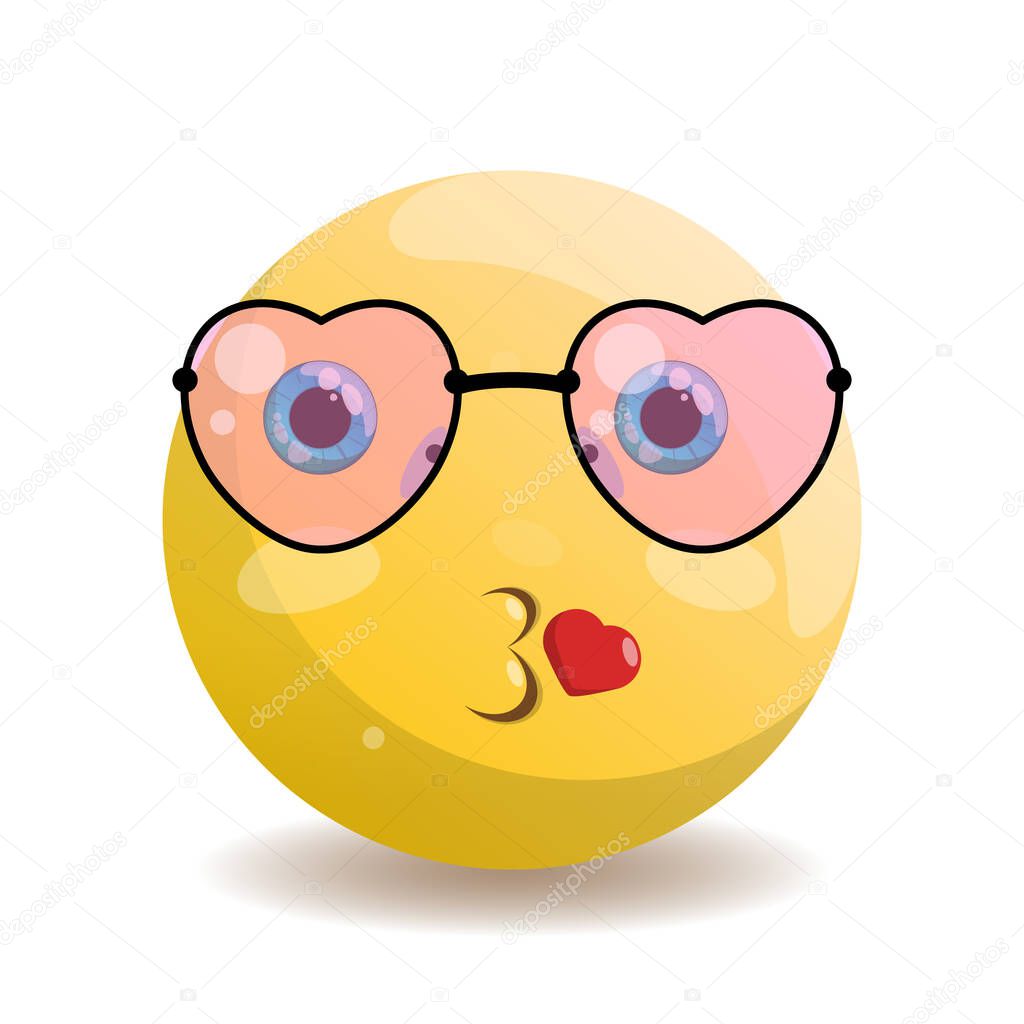 Emoji emoticon with a kiss and a heart, with blue eyes, in heart-shaped glasses with a black frame and pink glass. Vector illustration