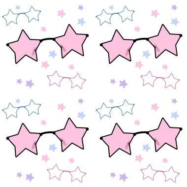 Star shape glasses with black and blue frames with pink glass on a white background, seamless pattern illustration. Vector illustration