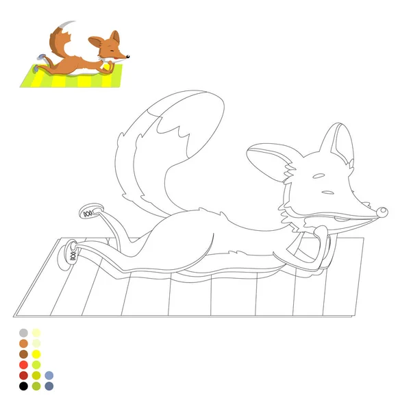 Coloring Book Children Adults Fox Lies Blanket Color Example Vector — Wektor stockowy
