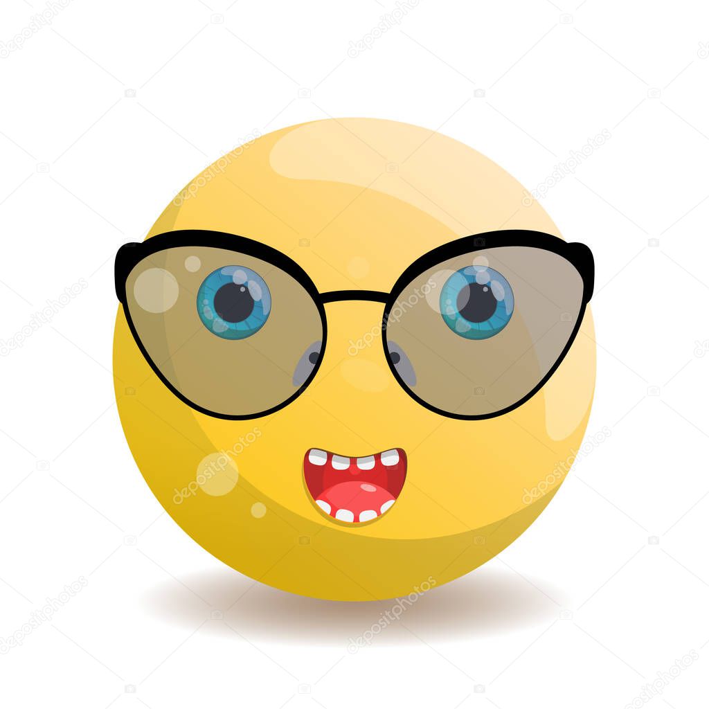 Emoji round emoticon with blue eyes in the form of a drop-shaped glasses with a black frame and tinted glass. Vector illustration