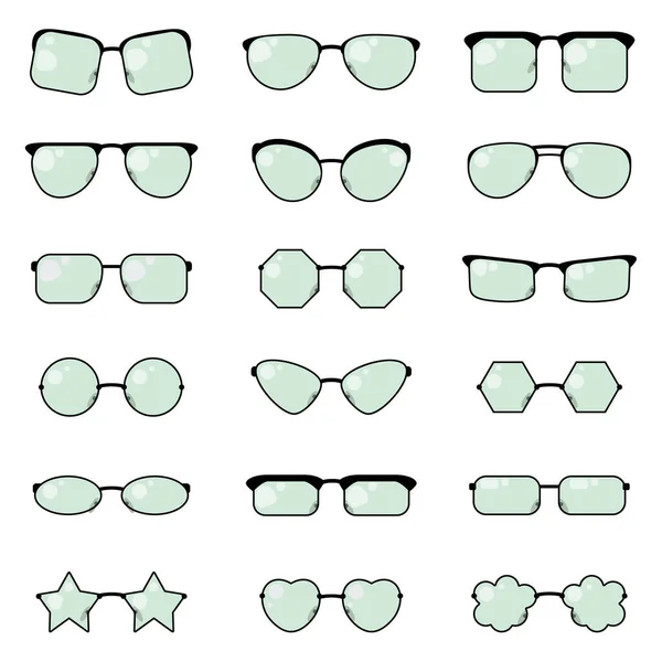 Selection Glasses Black Frames Green Glass Various Shapes Eighteen Variants — Vetor de Stock