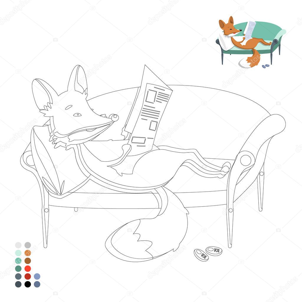 Coloring book for children and adults, fox reading newspaper on sofa with color illustration. Vector illustration