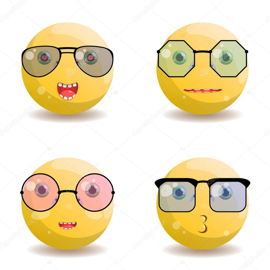 Set of four emoji with different emotions, in different colors, in aviator and octagon shaped glasses, square and circle with black frame. Vector illustration