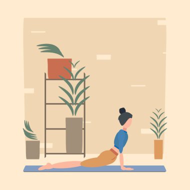 A woman practices yoga indoors in Upward-Facing Dog Pose, or Urdhwa Mukha Svanasana. Can be used for poster, banner, postcard. Vector illustration