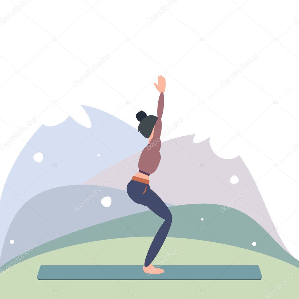 Woman practicing yoga in chair pose or Utkatasana outdoors in the mountains. Can be used for poster, banner, postcard. Vector illustration