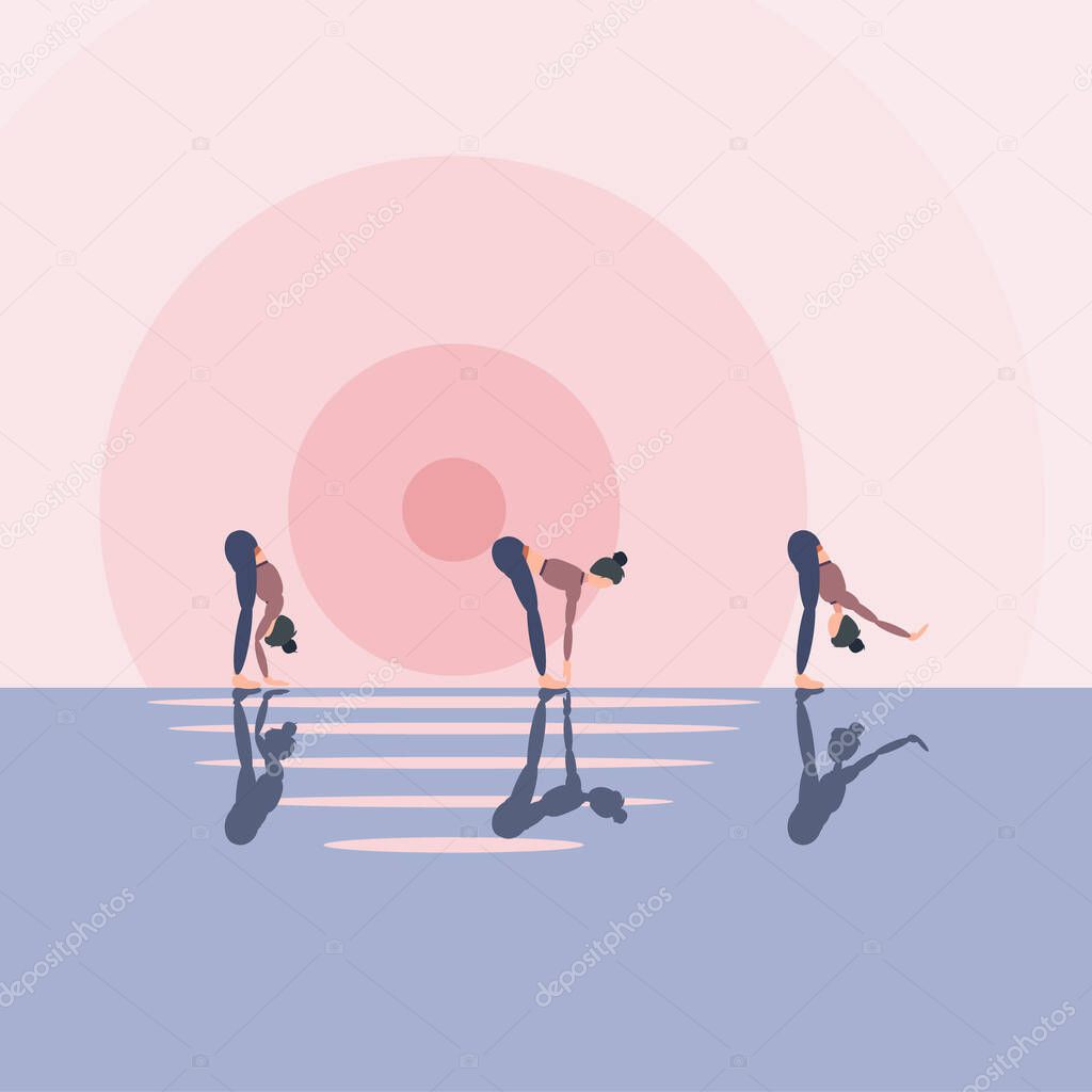Sports support health and spiritual harmony, yoga three poses on the street near the water at dawn. Vector illustration