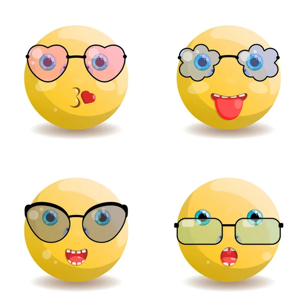 Set of four emoji with different emotions, in different colors, in heart and cloud shaped glasses, drop and rectangle with black frame. Vector illustration