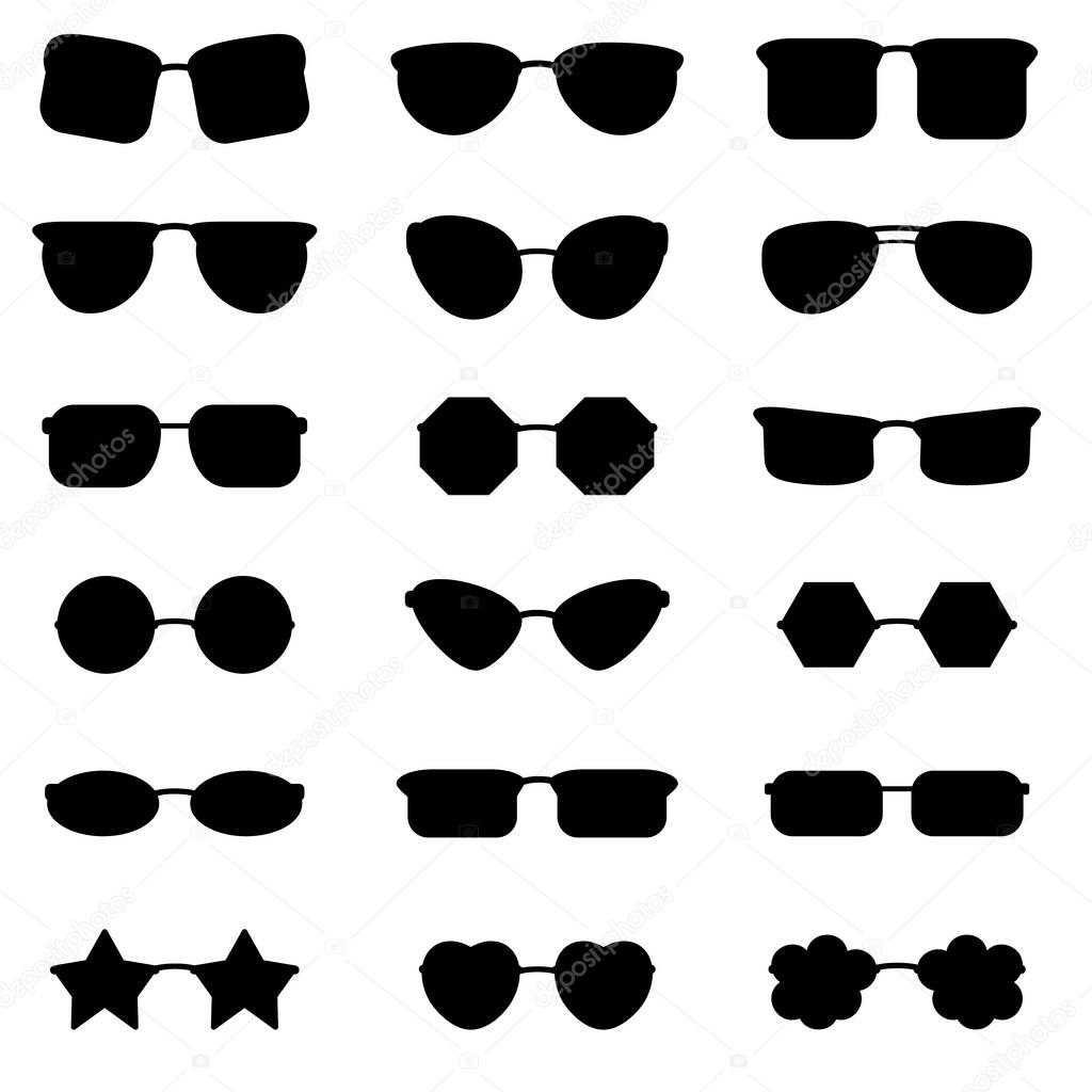 A selection of icons of glasses with black fillings of various shapes in eighteen options. Vector illustration