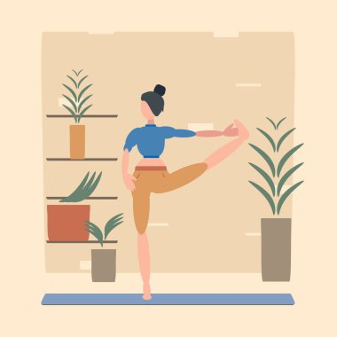 Bir kadın, iç mekan bitkilerinin arka planında el ele durarak yoga yapıyor. Poster, pankart, kartpostal için kullanılabilir. Vektör illüstrasyonu