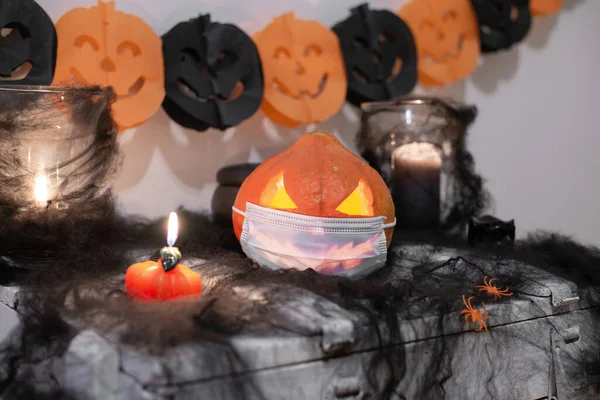 Halloween Holiday Evil Pumpkin Candles Home — Stock Photo, Image