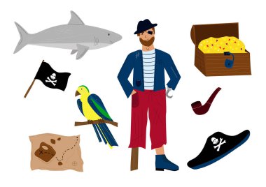  Çizgi film düz stiliyle ayarlanmış bir korsan. Köpekbalığı, papağan, hazine, karakter, korsan şapkası, harita, tüten pipo, beyaz arka planda izole edilmiş bayrak