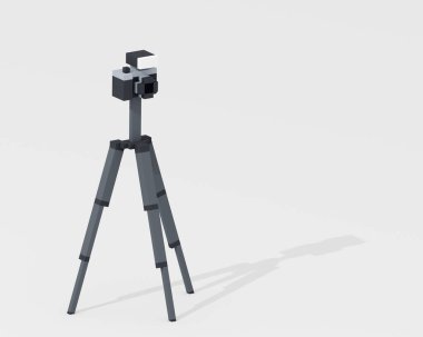 Dijital kamera, aynasız kamera dijital sanatı fener ve metal tripodu ile siyah ve beyaz izometrik vokal raster 3D resimleme kahverengi arkaplan üzerinde.