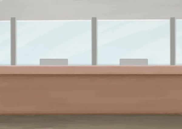 Service counter, a digital painting of one stop service desk for bank,  sell tickets or pay bills raster 3D illustration anime background.