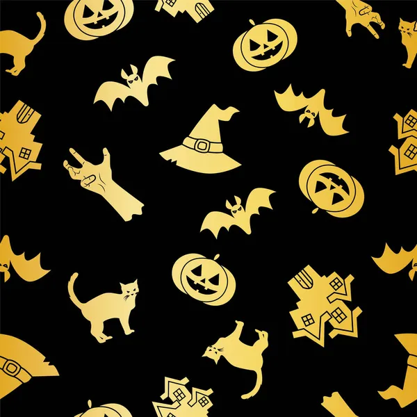 Halloween Gouden Pompoen Silhouetten Naadloos Patroon Met Griezelige Lachende Gezichten — Stockvector
