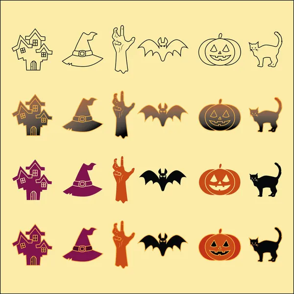 Sorrindo Engraçado Conjunto Ilustrações Halloween Abóbora Fantasma Gato Chapéu Mão — Vetor de Stock