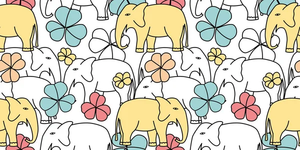 手描きの象と花のベクトルイラストとシームレスなパターン — ストックベクタ