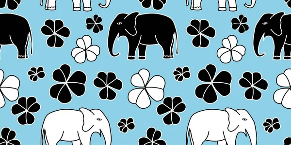 手描きの象と花のベクトルイラストとシームレスなパターン 青の背景 — ストックベクタ