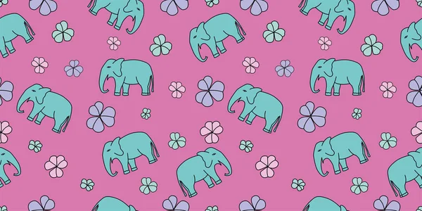 手描きの象と花のベクトルイラストとシームレスなパターン ピンクの背景 — ストックベクタ