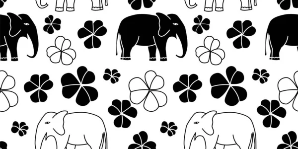 手描きの象と花のベクトルイラストとシームレスなパターン — ストックベクタ