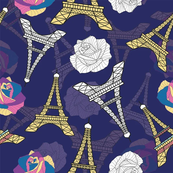 Eiffelturm Und Rosen Nahtloses Muster Französischer Vektor Blauer Hintergrund Vintage — Stockvektor