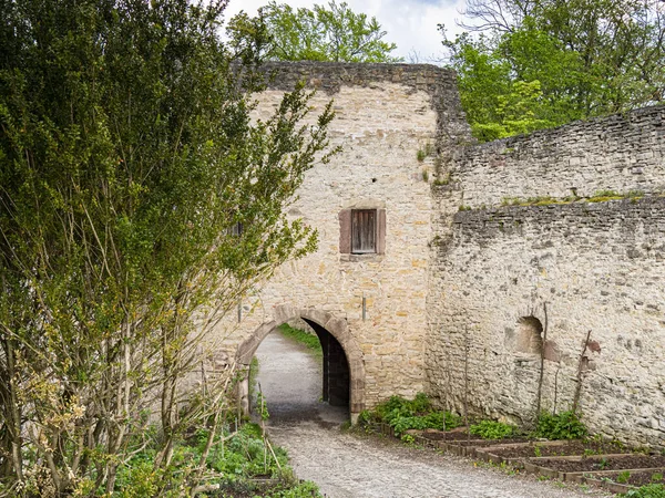 Plesse Burg, Goettingen, Almanya 'da bir ortaçağ şatosu harabesinin kapısı.