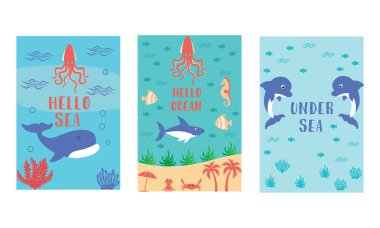 Aquatic animal creatures, Underwater creatures poster background. Modern vector illustration