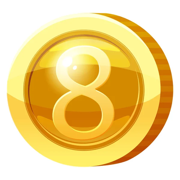 Goldmedaillen-Münze Nummer 8 Symbol. Golden Token für Spiele, Benutzeroberfläche Asset-Element. Vektorillustration — Stockvektor