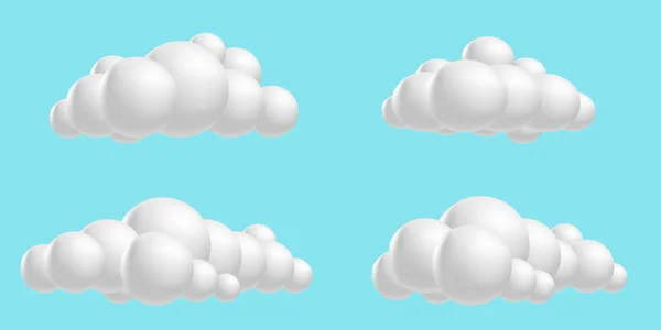 Establecer nubes esponjosas, dibujos animados de malla 3D. Las nubes de renderizado suave recogen iconos en un cielo azul. Ilustración vectorial — Archivo Imágenes Vectoriales