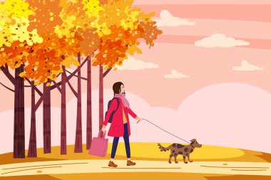 Genç kadın sonbahar şehir parkında köpeği gezdirir. Havalı bir görünüş, evcil hayvan, sonbahar havası. Vektör illüstrasyon pankartı
