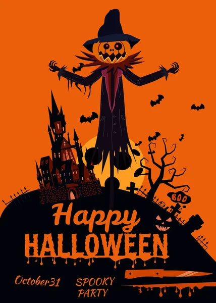 Felici poster di Halloween, spaventose zucche sorridenti, cimitero notturno, castello oscuro infestato, fantasma, strega, gatto nero, luna piena. banner in stile cartone animato illustrazione vettoriale — Vettoriale Stock