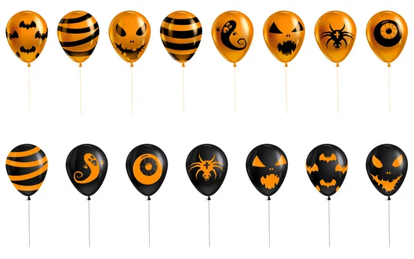 Conjunto de globos de Halloween 3d realista, fantasma, araña, ojo, sonrisa, símbolo de icono de murciélago, color negro anaranjado. Ilustración vectorial aislada — Vector de stock