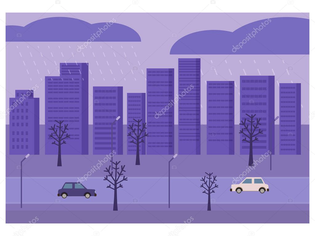 Autumn landscape sity, rain buildings, street. Banner for cover baner poster. Minimal trendy style vector