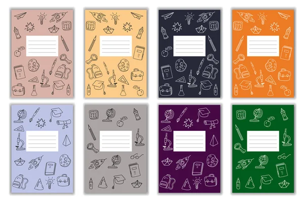 Set Cover Notizbuch Schule Doodles Symbole von Hand gezeichnet. Vorlagencover für Tagebuch, Broschüre, Poster, Skizzenbuch. Vektorillustration — Stockvektor