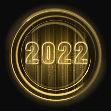 2022 Mutlu Yıllar, parlak altın rengi, parlak sayılar, afiş tasarımı şablonu. Gerçekçi metin ışığı, akış dairesi altın parçacıkları, parıltı, ışıltı tozu, siyah zemin. Vektör illüstrasyonu