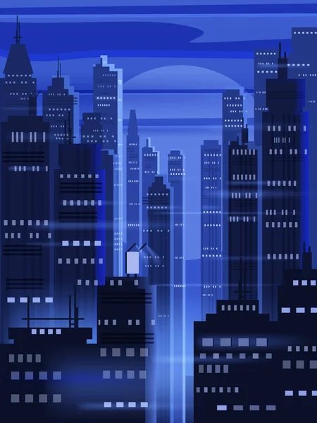 Fondo futurista nocturno de la ciudad, luces brillantes, panorama, edificios modernos, medianoche. Portada de póster ilustración vectorial — Archivo Imágenes Vectoriales