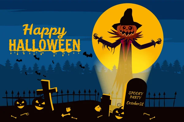 Joyeux poster d'Halloween, cimetière nocturne, sourires effrayants citrouilles, chauves-souris, pleine lune. Bannière vectorielle de style dessin animé — Image vectorielle