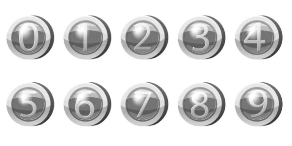 Definir moedas de prata Números de 0 a 9 símbolos. Fichas de prata para jogos, elementos de ativos de interface de usuário. Ilustração vetorial — Vetor de Stock