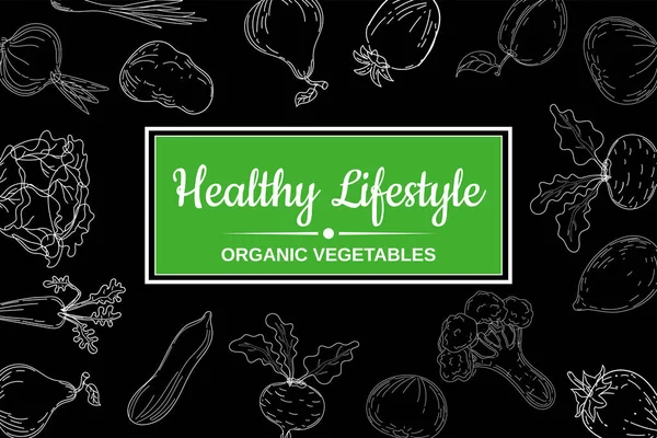Estilo de vida saludable Farm Fresh Organic vegatables anf fruit design poster. garabatos dibujados a mano ilustración de alimentos frescos y saludables. Plantilla de estilo retro de boceto vectorial — Archivo Imágenes Vectoriales