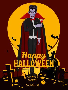 Cadılar Bayramı 'nız kutlu olsun Drakula, mezarlıklarda, haçlarda, mezarlarda, korkunç balkabaklarında, ayda, gecede, uçan yarasaların siluetlerinde parti yapmaya davet ediyor. Vektör illüstrasyon çizgi film tarzı poster