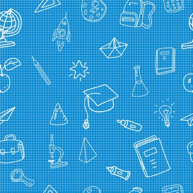 Okul karalamaları, pürüzsüz. Okul çizgisi simgeleri, malzemeler, elementler. El çizilmiş scetches vektör illüstrasyon arka planı