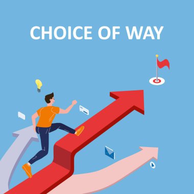 Seçenek yolu Genç adam hedefe ulaşmak için yönünü seçer oka göre. Acının seçimine insanlar karar verir. Vektör illüstrasyonu