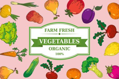 Organik sebzeler ve meyve tasarımı posteri. Elle çizilmiş karalamalar, taze sağlıklı yiyecekler. Vektör çizimi retro biçim şablonu