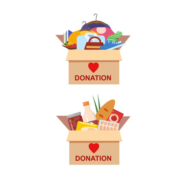 Donation cardboard boxes with clothes, food, wear, books, shoes for refugees. Help for refugees, poor kids. Awareness and charity concept, vector, illustration flat cartoon style