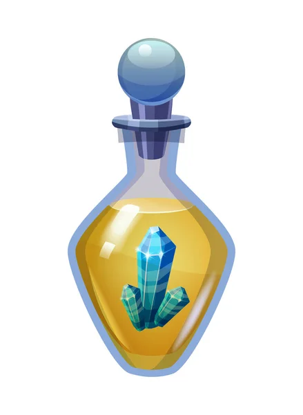 Poção mágica de garrafa com cristal. Ativo do ícone do jogo, vidro, elixir líquido, veneno, frasco, Desenho animado ilustração vetorial para o jogo, UI app — Vetor de Stock