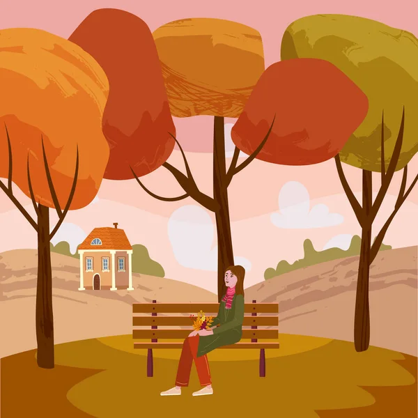 Glückliches Mädchen, das auf einer Bank mit einer Tasse Kaffee sitzt, unter einem Baum mit fallenden gelben Blättern in einem Park. Vektor, Illustration — Stockvektor