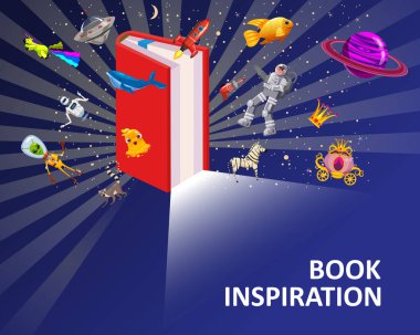 Açık Kitap Hayalgücü konsepti arka planı. Fantezi ve yaratıcı unsurların olduğu ilham kitabı roket, balina, UFO, tek boynuzlu at, uzay adamı, altın balık. Vektör illüstrasyon çizgi film tarzı poster, afiş