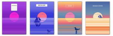 Kitap, defter, el ilanı, afiş, poster, kart için kapak tasarım şablonunu ayarlayın. Soyut deniz manzarası, günbatımı, minimalist bakış açısı. Vektör illüstrasyonu