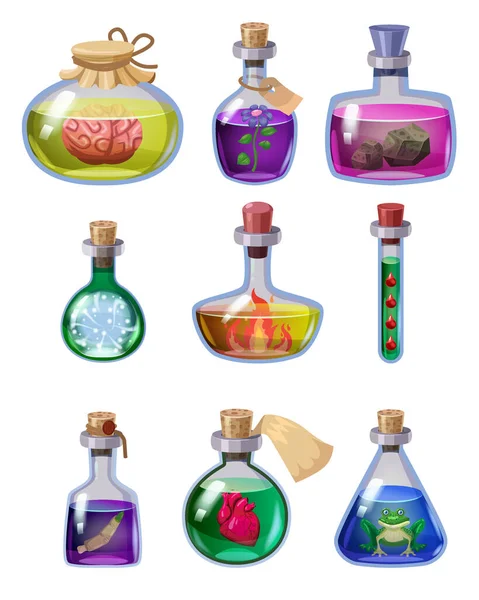 Σετ από μπουκάλια μαγικό φίλτρο. Εικονίδια παιχνίδι υγρό ελιξίριο πολύχρωμο με καρδιά, φωτιά, αίμα, βάτραχος, λουλούδι. Εφαρμογή περιουσιακό στοιχείο Vector game UI — Διανυσματικό Αρχείο