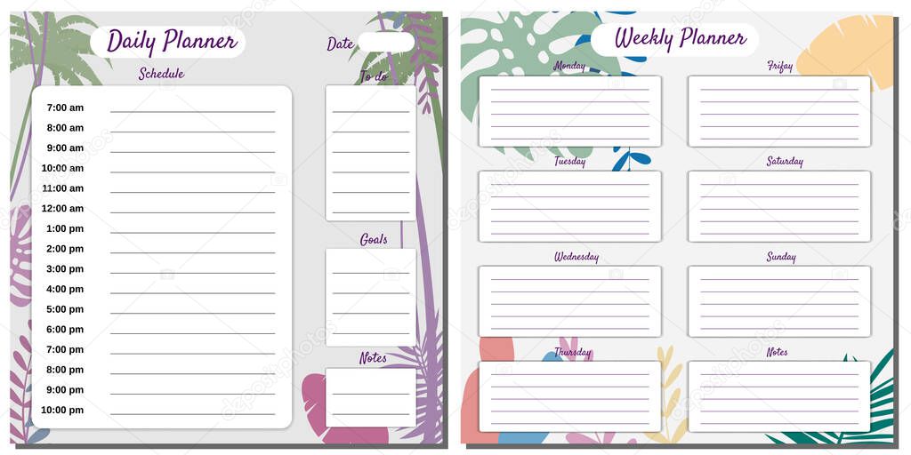 Weekly, Daily Planner Set template vector. Palms floral decoration background, timetable, To Do list, goals, notes. Business notebook management, organizer